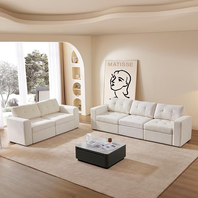 ORRD Corner Modular Sectional Couch, Convertible L Shaped Sofa with Storage, 5 Seater Sofa Modular with Ottomans and Reversible Chaise for Living Room, Office (Beige White)