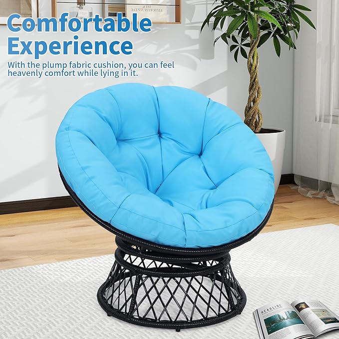 Kromax 40" Ergonomic Wicker Papasan Chair, 360° Swivel Round Egg Chair with Soft Thick Cushion, Indoor Outdoor Use for Living Room, Bedroom, Reading Room, Black Frame with Blue Cushion