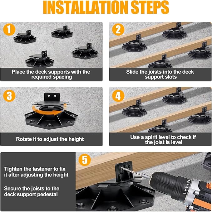 24Pack Adjustable Deck Support Pedestal, Deck Foundation Support Base, More Stable Floor Slate Support Flooring Joist Supports, Height Adjustment Raising from 1-3/16" to 2-3/8", Black