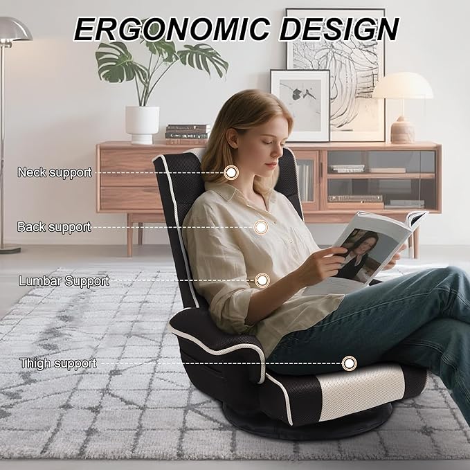 Linen Fabric Ergonomic Gaming Chair, 6-Position Reclining Sofa Bed with Lumbar Support, Foldable Floor Lounger with Thick Cushion, Armrests & Side Pockets for Esports, Reading, Napping (Brown + Beige)