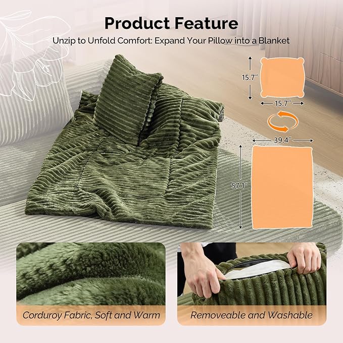 VINGLI Convertible Futon Sofa Bed, Upholstered Corduroy Boneless Couch King Size Floor Loveseat Sleeper Sofa with 2-in-1 Throw Pillow, Couches for Living Room, Bedroom, Lounge, Green