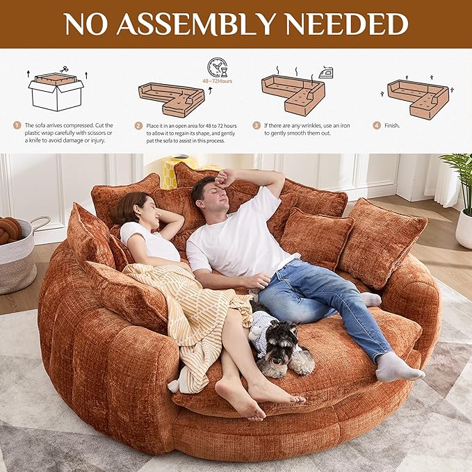 81" Oversized Bean Bag Chair Boneless Round Chaise Lounge Comfy Chenille Reading Chair Fluffy Plush Sofa Bed Large Deep Seat Circle Cloud Couch for Living Room, Bedroom, Apartment, Orange