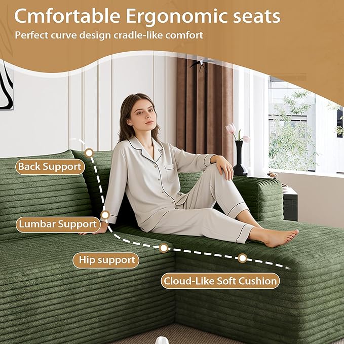 AUGOP 96" Sectional Couches for Living Room Modern Modular Sofa with L-Shape Couchs Upholstered Boneless Couch Deep Seat Sectional Couch with Chaise (Green, 96" Right Facing Chaise+2Seaters)