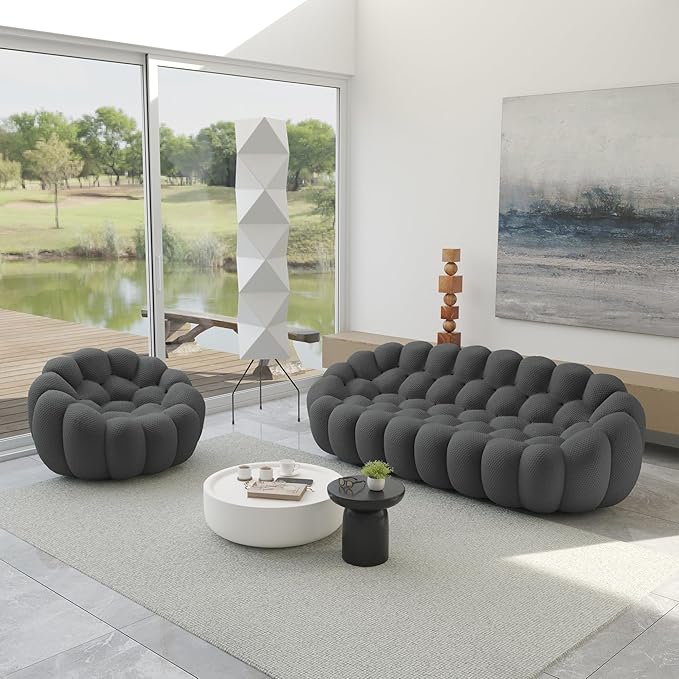 JACH 3 Seater Bubble Sofa and Single Seat Curved Couch, Comfy Upholstered Sofa, Mesh Fabric 3D Honeycomb Shape Modern Couch for Living Room, Office, Apartment, Small Space (Grey)