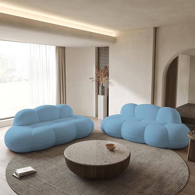 WJShome 90" Boucle Sofa, Modern Curved Upholstered Cloud Couch, Deep Seat LoveSeat 3 Seater Sofa, Cozy Modern Boneless Sherpa Fleece Couches for Living Room, Bedroom, Apartment (Blue)