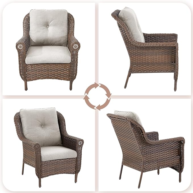 ACTREST Patio Wicker Chairs Outdoor Furniture Chair - Set of 4 Outside All Weather Lawn Dining Brown Rattan Armchair with High Back&Deep Seating for Deck Porch Balcony Backyard Garden - Beige