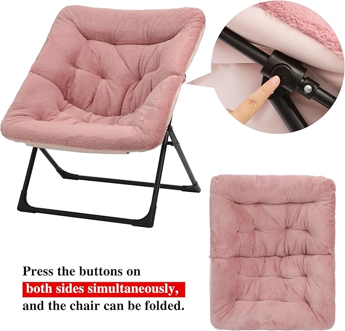 Comfy Saucer Chair for Adults, Soft Faux Fur Bedroom Chair, Accent Dorm Chairs, Flexible Living Room Reading Chairs, Oversized Folding Lounge Seat for Teens, X-Large, Dusky Pink