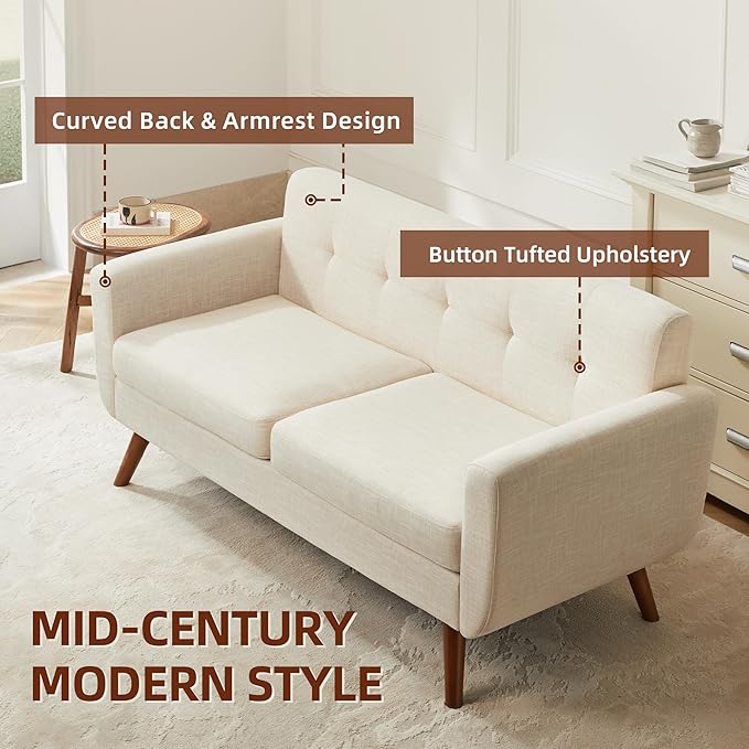 Tbfit 65" W Loveseat Sofa, Mid Century Modern Decor Love Seat Couches for Living Room, Button Tufted Upholstered Small Couch for Bedroom, Solid and Easy to Install Love Seats Furniture, Beige | linen fabric, button tufted, solid wood foot, pocket sprin...