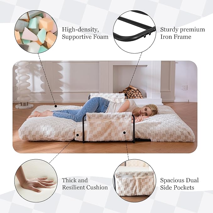 YOSHOOT Adjustable Lazy Floor Sofa, 5-Position Foldable Sleeper Chair with Armrest for Reading, Gaming - Convertible Bean Bag Sofa Bed Couch