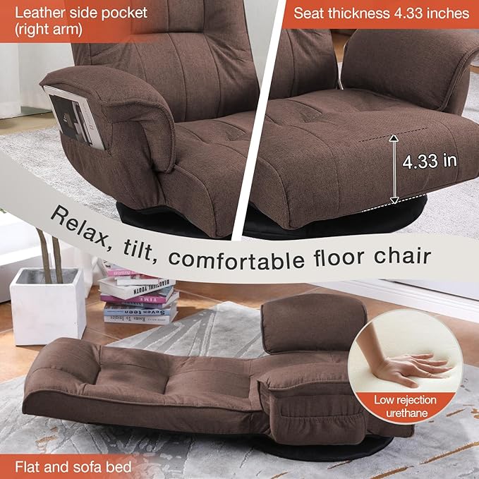 Ergonomic Swivel Floor Gaming Chair with Armrests & Side Pockets, 6-Position Reclining Sofa Bed, Foldable Padded Lounger with Thick Cushion & Lumbar Support for Esports, Reading, TV Watching (Brown)