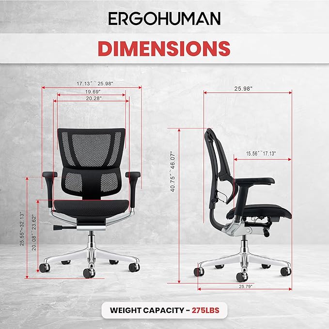 Ergohuman Eurotech ME3ERG-XTREME Mid Back Mesh Office Chair with Tilt Tension Control, Tilt Lock, Back Angle, Back Height, Synchro Tilt, Seat Height, Seat Depth, and Arm Height Adjustments, Grey