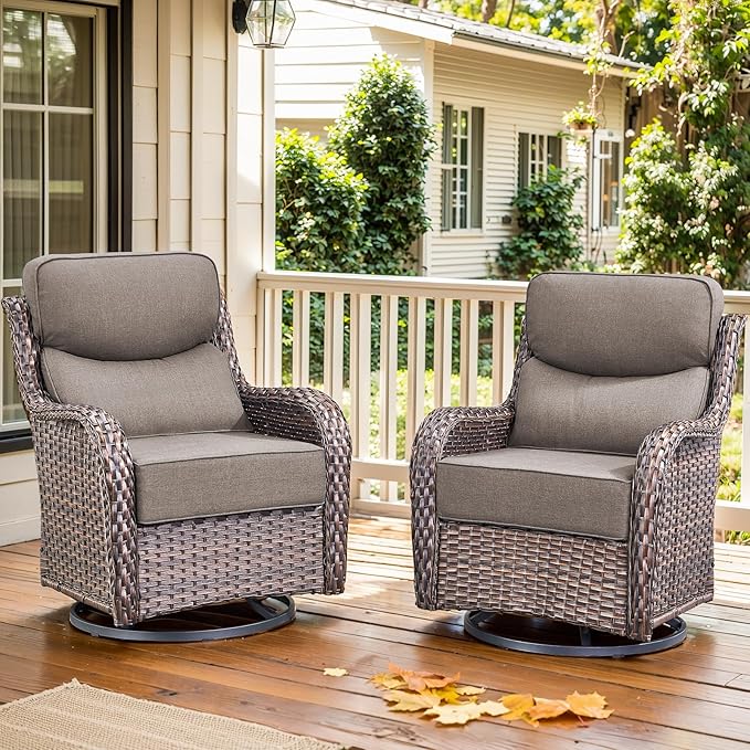 moosprr Luxury Outdoor Swivel Rocker Patio Chairs Set of 2, High Back Swivel Patio Chairs with 6-Inch Thick Cushions, Wicker Outdoor Gliders for Porch, Yard, Deck, Poolside, Brown/Grey