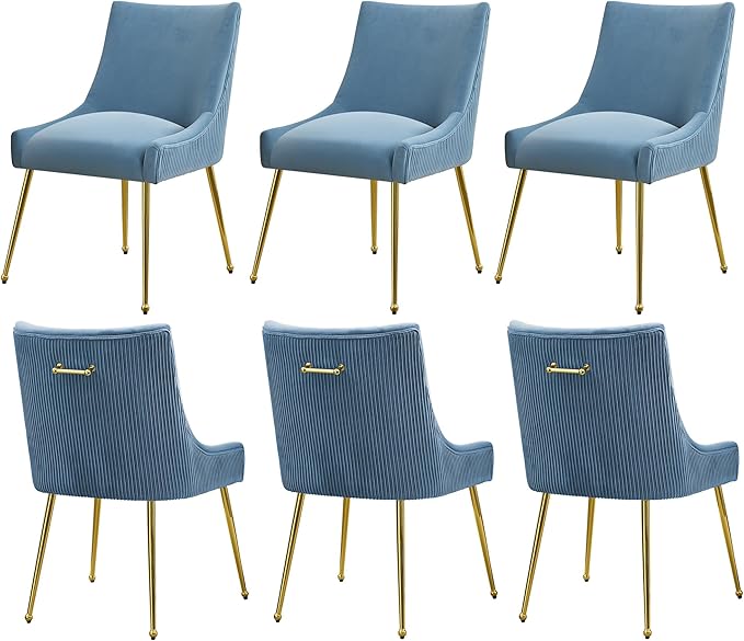 WUTUTUEE Velvet Dining Chairs Set of 6 Gold Legs,Upholstered Velvet Accent Chairs, Pleated Back Design & Gold Pull Handle, Mid Century Modern Chairs for Dining/Kitchen/Living Room,Light Blue