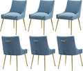 WUTUTUEE Velvet Dining Chairs Set of 6 Gold Legs,Upholstered Velvet Accent Chairs, Pleated Back Design & Gold Pull Handle, Mid Century Modern Chairs for Dining/Kitchen/Living Room,Light Blue