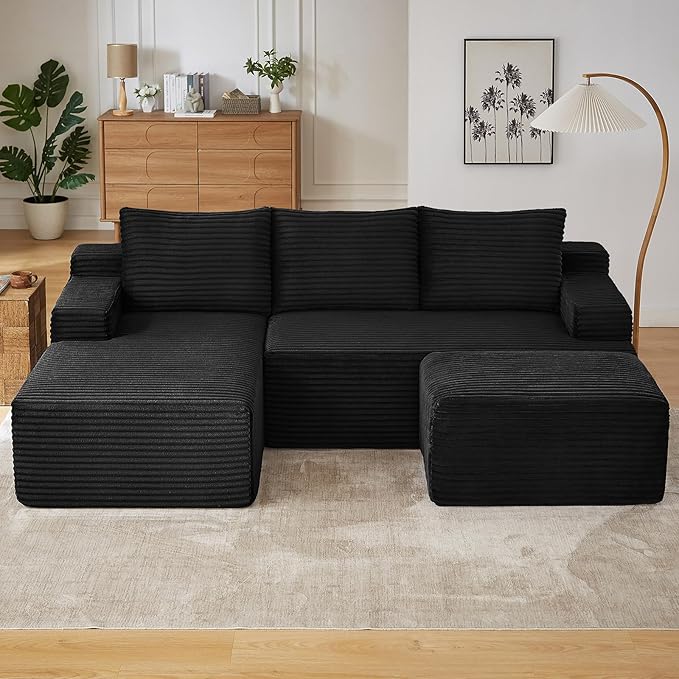 96" W Cloud Sectional Couch with Ottoman,Modern U-Shaped Cloud Couch with Side Pockets,Comfy Corduroy 3-Seater Sofa,Memory Foam Sofa for Living Room,No Assembly (Black,Left-Facing Chaise)