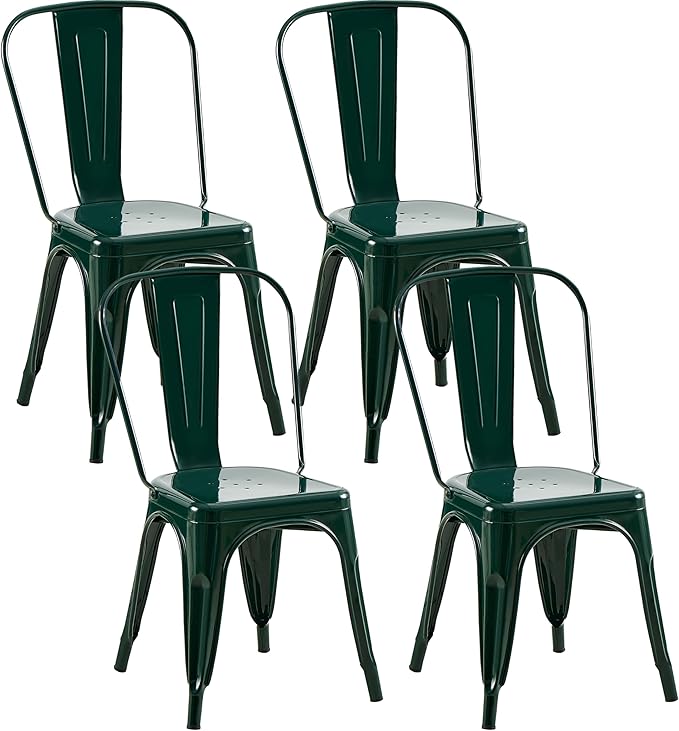 Metal Dining Chairs Set of 4,Stackable Tolix Chair Indoor/Outdoor for Kitchen,Cafe,Restaurant,Bistro & Patio Multiple Colors(Dark Green)
