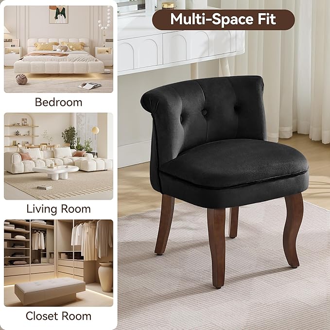 WUTUTUEE Velvet Vanity Chair with Solid Wood Legs, Tufted Upholstered Vanity Stool with Back, Mid Century Small Makeup Accent Chair for Bedroom, Living Room, Black