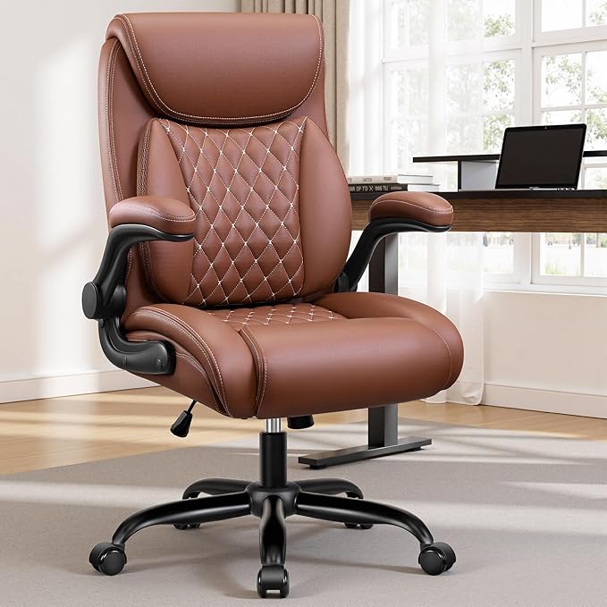 BESTFAIR Office Chair,Ergonomic Office Chair with Lumbar Support for Lower Back Pain Relief, Executive Leather Chair with Padded Flip-up Arms, Wheels and Adjustable Armrests, Brown