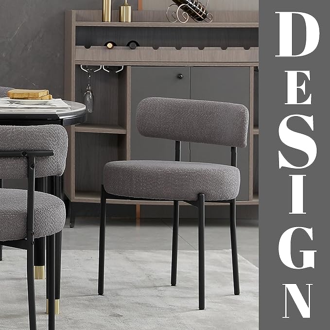 DYHOME Dark Grey Dining Chairs Set of 2, Mid-Century Modern Dining Chairs, Kitchen Dining Room Chairs, Curved Backrest Round Upholstered Boucle Sherpa Dining Chair with Black Metal Legs