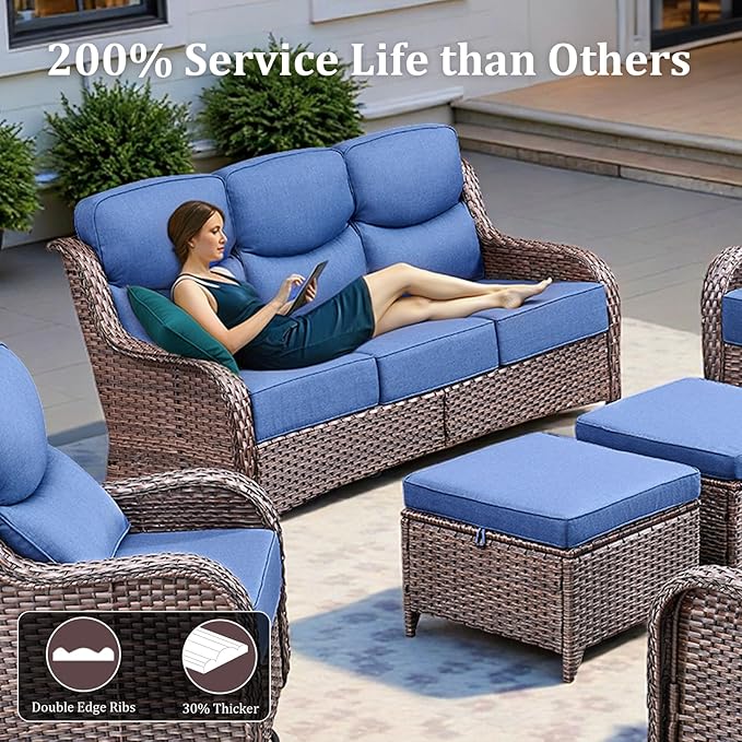 Pugire Luxury High Back Patio Furniture Set with 6-Inch Thick Cushions, 4-Pieces Outdoor Furniture with Swivel Chairs, Wicker Conversation Set for Porch, Balcony, Deck and Yard, Brown/Blue