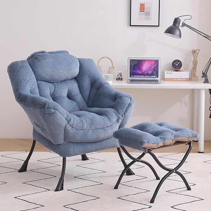 Tiita Lazy Chair with Ottoman, Blue Chairs Modern Large Accent Lounge Armchair, Comfy Leisure Sofa Reading Chair with Footrest for Bedroom, Living Room, Dorm Rooms, Garden, Plush Light Blue