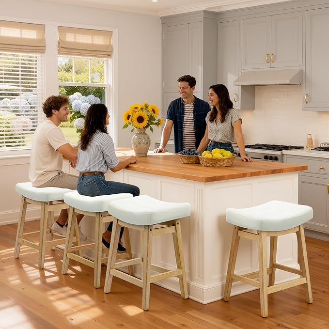 RNKSFX Counter Height Bar Stools Set of 3 for Kitchen Counter, Wooden Backless Island Barstools Farmhouse Modern Short Stools No Back with Faux Leather Saddle Seat 24 inch Counter Top Chairs, White