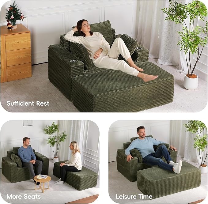 54"W Oversized Chaise Lounge Chair Indoor, Boneless Chaise Lounge Couch, Convertible Comfy Reading Chairs, Compression Sofa with Ottoman, Corduroy Sleeper Couch Chair for Living Room, Green