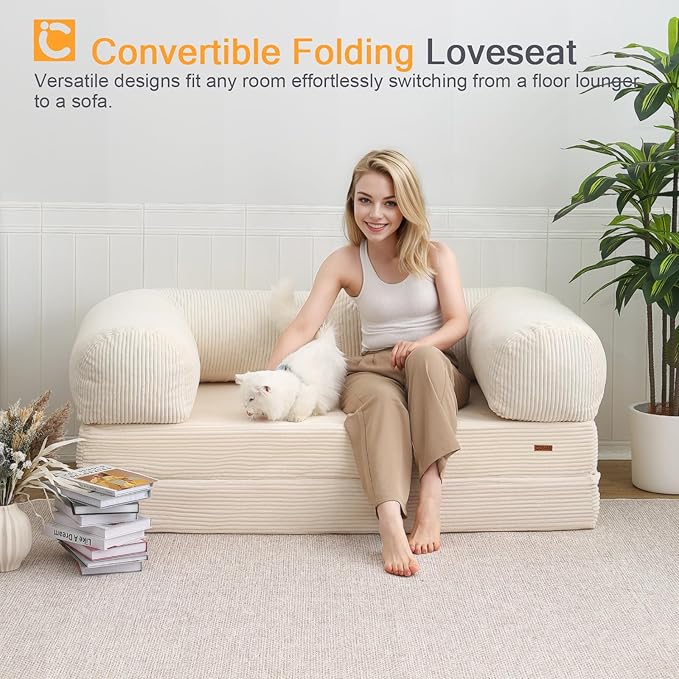 COMAX Futon Sofa Bed, 4-in-1 Floor Foldable Sofa Couch Bed with L-Shaped Armrests, Convertible Folding Chair Bed Sleeper Mattress Fold Out Lounge for Living Room Bedroom, Beige