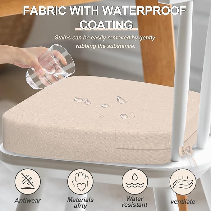17'' x 16'' x 2.5"Thick Chair Cushions for Dining Chairs, 4 Pack WaterProof Easy Clean Kitchen Chair Pads with Ties and Non-Slip Backing - 30D High Elastic Foam Soft Kitchen Chair Cushions