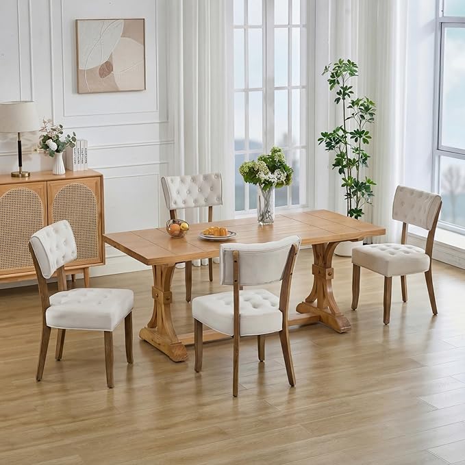 UVV Upholstered Dining Chairs Set of 4, Mid Century Modern Tufted Kitchen Chairs Dining Room Chairs, Velvet Dinner Chair with Wood Legs for Dining Room Kitchen, Beige
