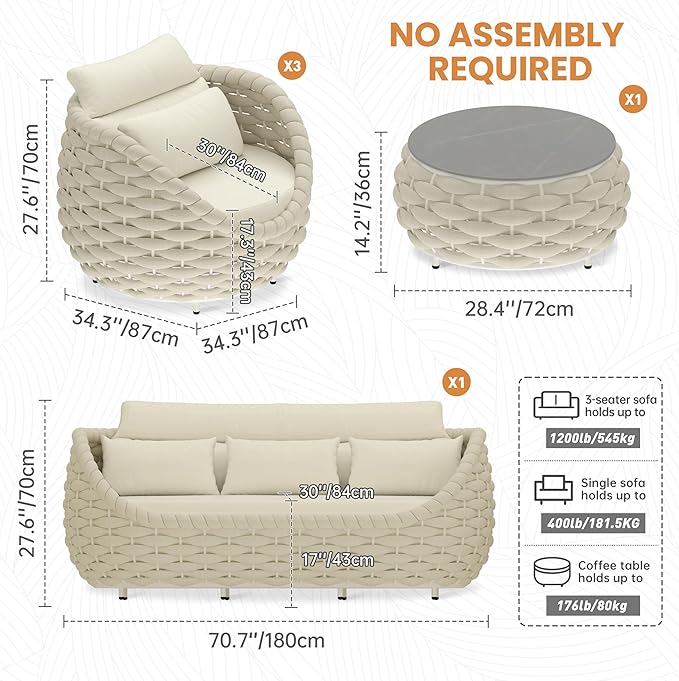 Erotr Woven Rope Outdoor Sofa Set: 5 Pieces Aluminum Patio Conversation Set Assembled - All Weather Cushioned Porch Furniture Couch - Modern Metal Lounge Set for Deck Yard Resort Hotel Sunroom, Beige