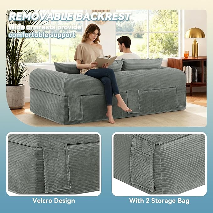 GJQ Convertible Floor Sofa Bed,83" 3 Seater Couch with Pillow Back & Storage Pockets,Corduroy Boneless Couch for Living Room,Compressed Sofa in a Box No Assembly,Light Gray