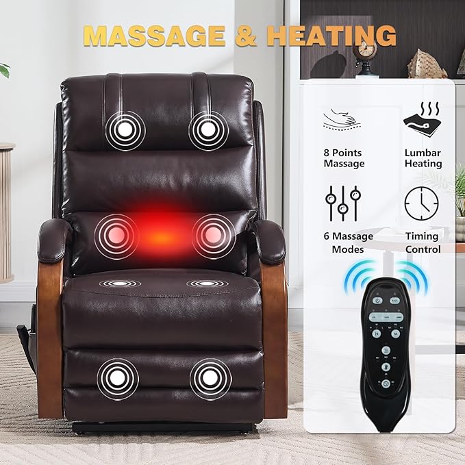 Dual Motor Power Lift Recliner Chair, Lay Flat Recliner, Lift Chair with Massage and Heat, Standing Assistance, Infinite Position Reclining, Living Room Chair (Faux Leather Dark Brown)