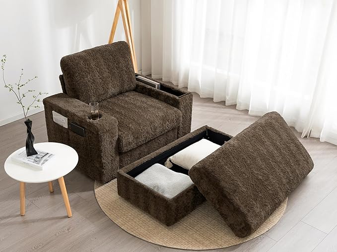 Indoor Chaise Lounge with Storage Ottoman, Armrests, and Cup Holders, Oversized Sleeper Chair for Living Room and Bedroom, 4 Colors