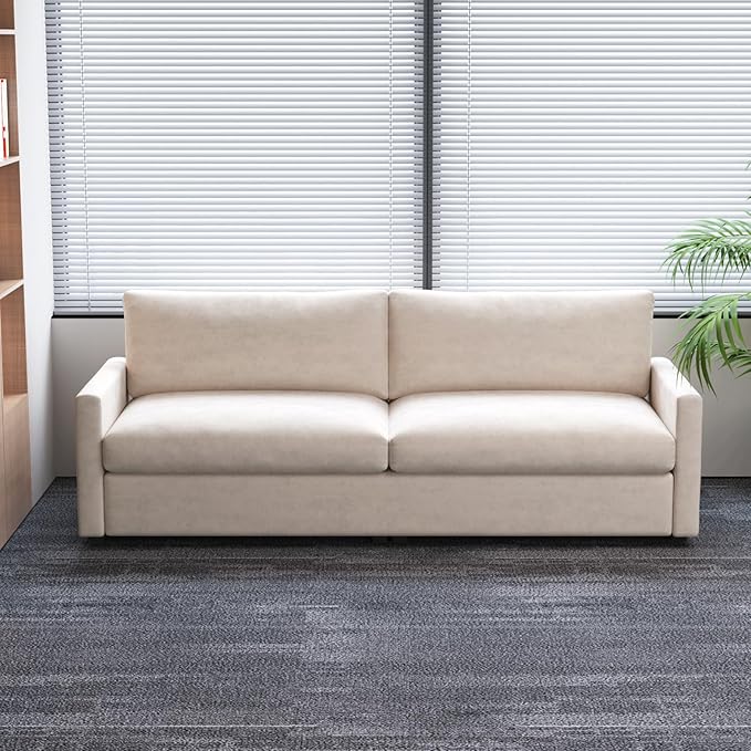 Modern Beige Fabric Loveseat Sofa with Deep Seat and Soft Cushions, Office Couch, Easy to Clean and Assemble, Minimalist Premium Style for Office or Living Room, Fits Small or Large Spaces