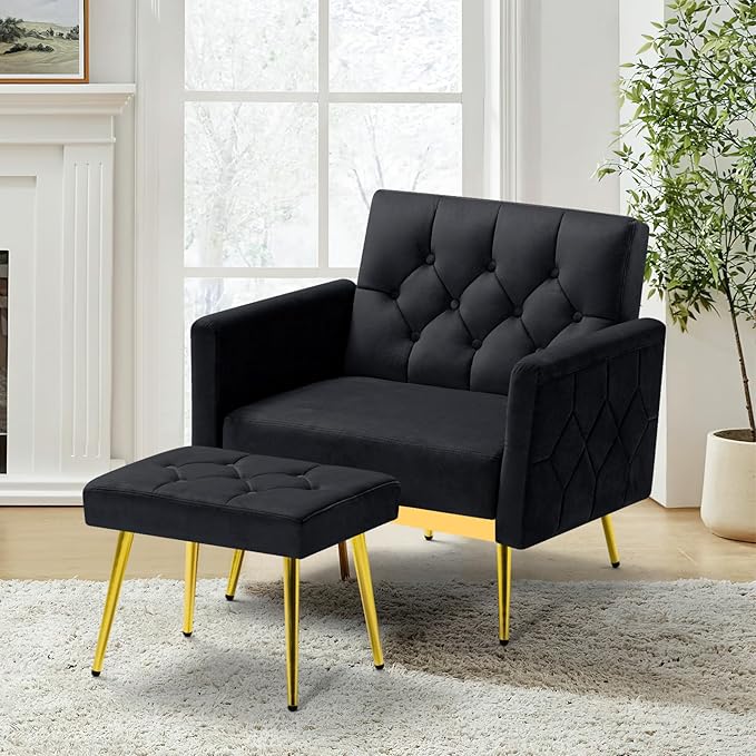ACMEASE Velvet Accent Chair w/Adjustable Armrests and Backrests, Tufted Single Sofa with Ottoman, Upholstered Reading Chiar for Living Room, Apartment, Bedroom, Black