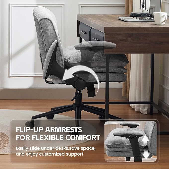 Criss Cross Chair with Flip-up Arms, Wide Criss Legged Chair with 3 Layer Cushion, Ergonomic Office Desk Chair with Wheels, Swivel Vanity Chair for Office, Living Room, Bedroom, Chenille Grey