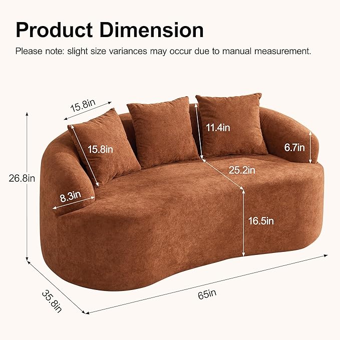 Abbrevi 65" Curved Loveseat Sofa, Deep Seat Love Seat Couches with 3 Throw Pillows, Modern 2 Seater Boneless Curved Couch, Compressed Floor Sofa for Living Room Small Spaces, No Assembly, Orange