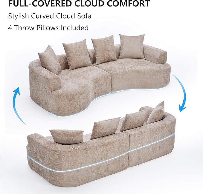 109” Curved Sectional Sofa, Chenille Fabric Modular Cloud Couch, No Assembly Required Half Moon Couch with Deep Seat, 4 Pillows for Living Room, Apartment, Bedroom