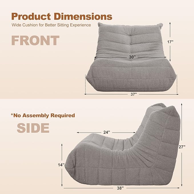 Bean Bag Chair Big Sofa Beanbag Chair for Adults Fireside Chair Bean Bag Lounger with Memory Foam Filled for Home,Apartment or Gaming Venue(Lightgrey Teddy)