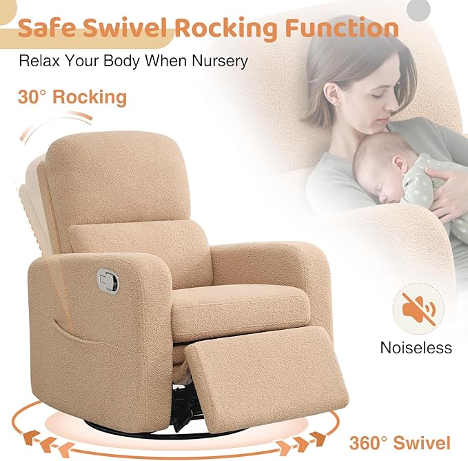 AEMEIOS Swivel Rocker Recliner, Oversized Manual Boucle Nursery Glider Rocking Recliner Chair with Removable Cushion, Upholstered Swivel Reclining Chair for Nursery Living Room Bedroom,Teddy Camel