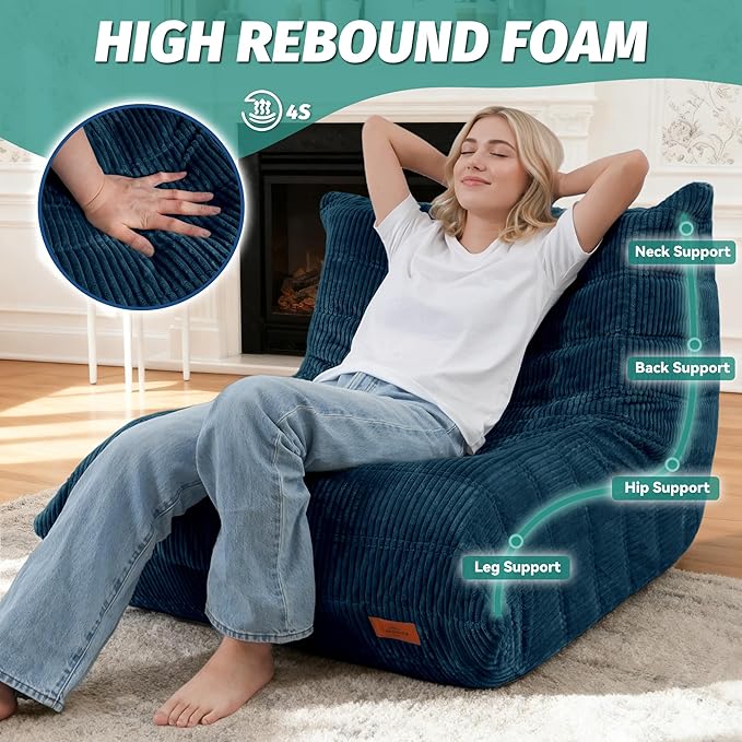 Bean Bag Chair,Giant Beanbag Chairs for Adults,Comfy Large Fireside Chair Lazy Sofa,Corduroy Bean Bag Lounger with Memory Foam Filled,Floor Sofa Couch for Home,Dorm,Living Room (Navy Blue)