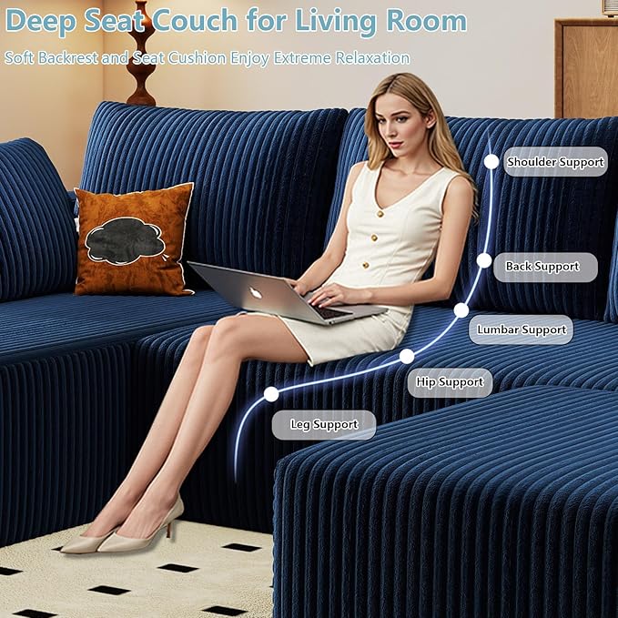 96" W Cloud Sectional Couch with Ottoman,Modern U-Shaped Cloud Couch with Deep Seat,Comfy Corduroy 3-Seater Sofa,Memory Foam Sofa for Living Room,No Assembly (Blue,Left-Facing Chaise)