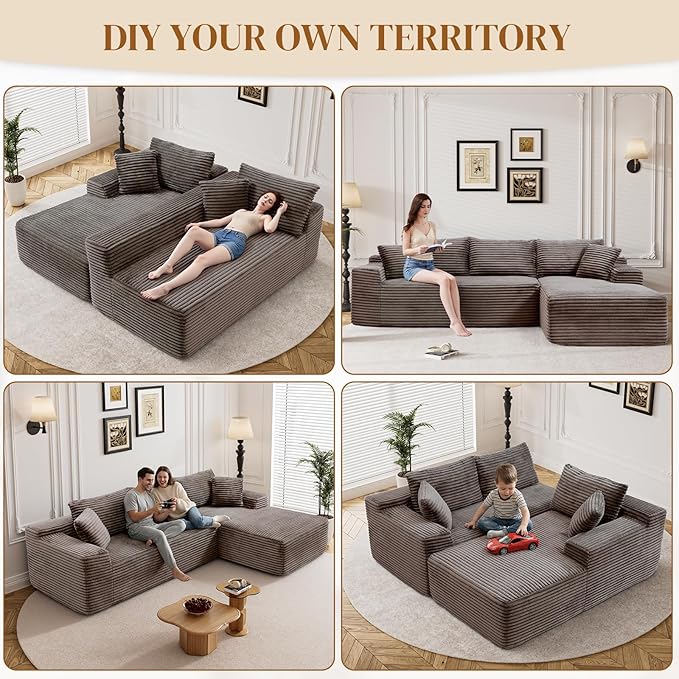 95" Boneless Cloud Sectional Couches for Living Room, Comfy Fluffy L Shaped Memory Foam Deep Seat Boneless Couch, Modular Sectional Sofa with Right Facing Chaise, Brown
