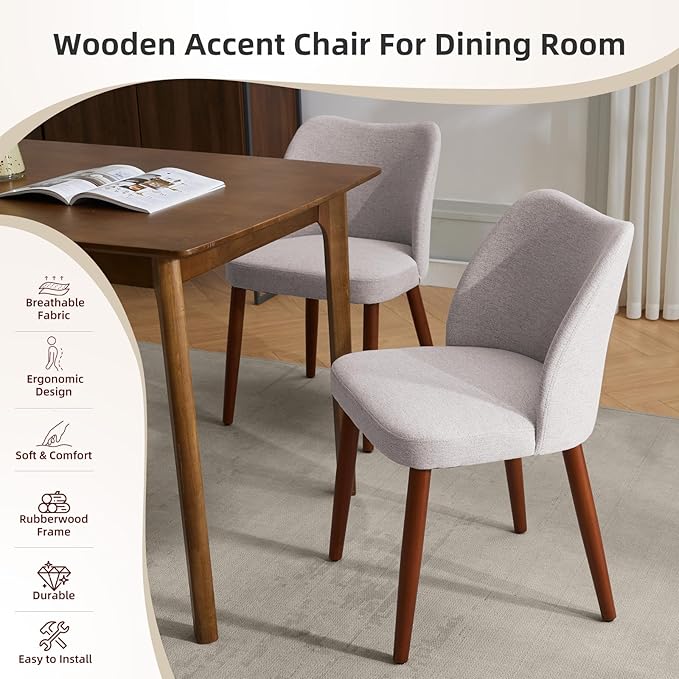 ElfinAura Dining Chair Set of 6, Linen Upholstered Dining Chair with Wood Legs, Wing Backrest, Wooden Kitchen Chair, Kitchen Chairs with Thick Cushions for Dining Room, Living Room, Light Grey