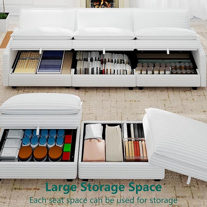 Modular Sectional U Shaped Sofa Couches with Storage Ottoman, Cloud Couch for Living Room, Comfy Sofa with Pillow, White