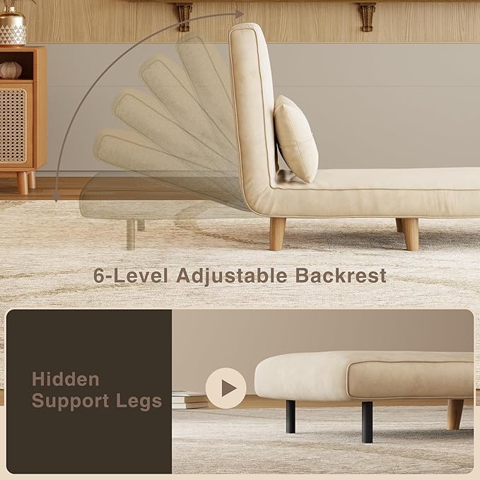 Aiho Futon Sofa Bed, 3-in-1 Convertible Sleeper Chair Bed, Futon Chair with 6-Level Adjustable Backrest and Pillow for Guest Room Apartment Dorm, Velvet Beige