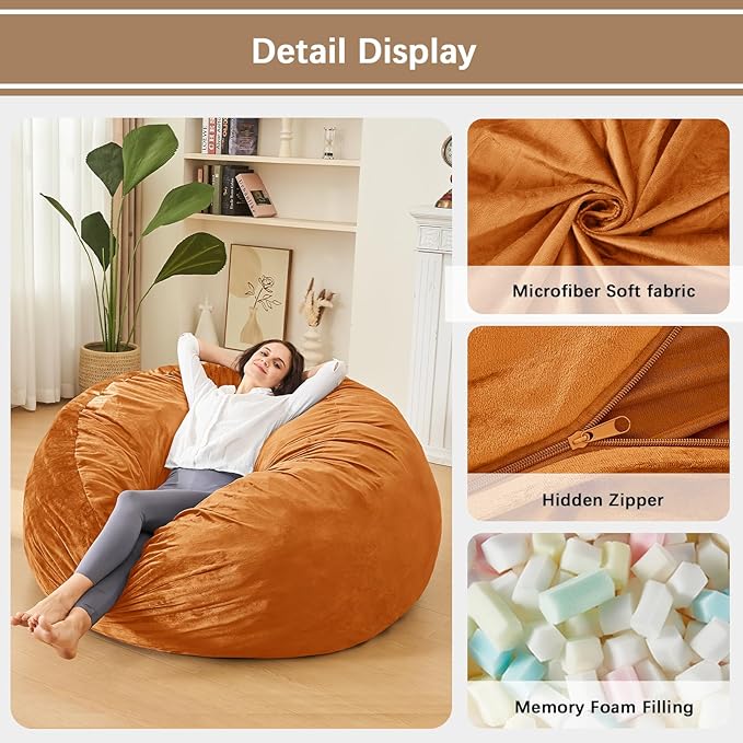 Bean Bag Chairs for Adults - Memory Foam Furniture BeanBag Chair - Kids/Teens Sofa with Soft Micro Fiber Cover - Round Fluffy Couch for Living Room Bedroom College Dorm - 4 ft, Golden Brown