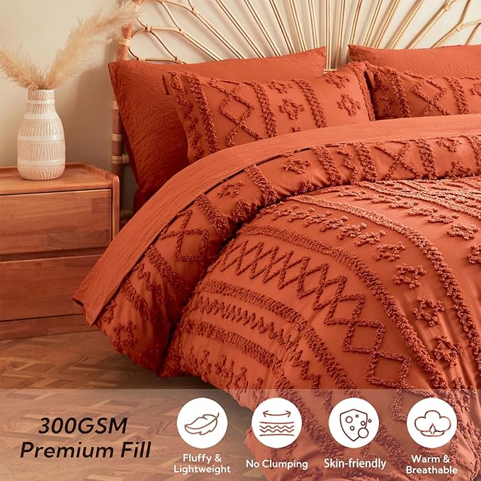 MR&HM King Size Comforter Set Terracotta, 7 Pieces Tufted Boho Beddding Sets, Farmhouse Style Bed in a Bag with 1 Comforter, 2 Pillow Shams, 2 Pillowcases, 1 Flat Sheet, 1 Fitted Sheet