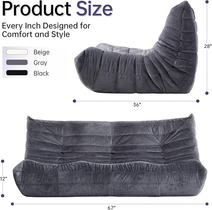 HABUTWAY Bean Bag Chair, Giant Bean Bag Chairs for Adults, 3 Seater Fireside Chair, Lazy Large Floor Bean Bag Sofa for Living Room, Bedroom, Dorm, Office (Grey)